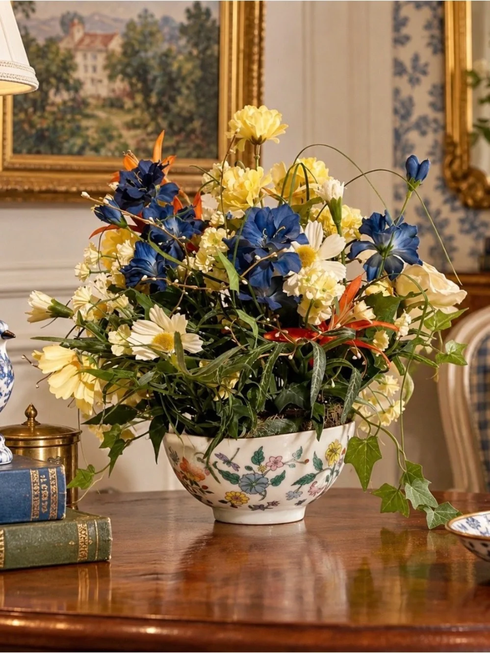 Grandmillennial Floral Arrangement in Decorative Porcelain Bowl English Country